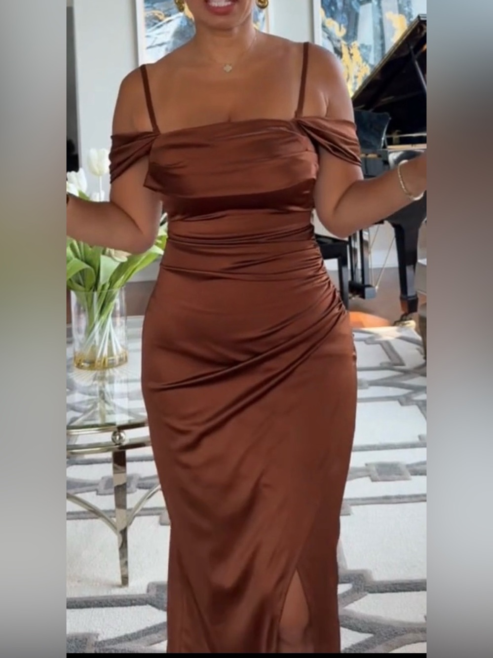 Satin One-Shoulder Evening Dress in Brown